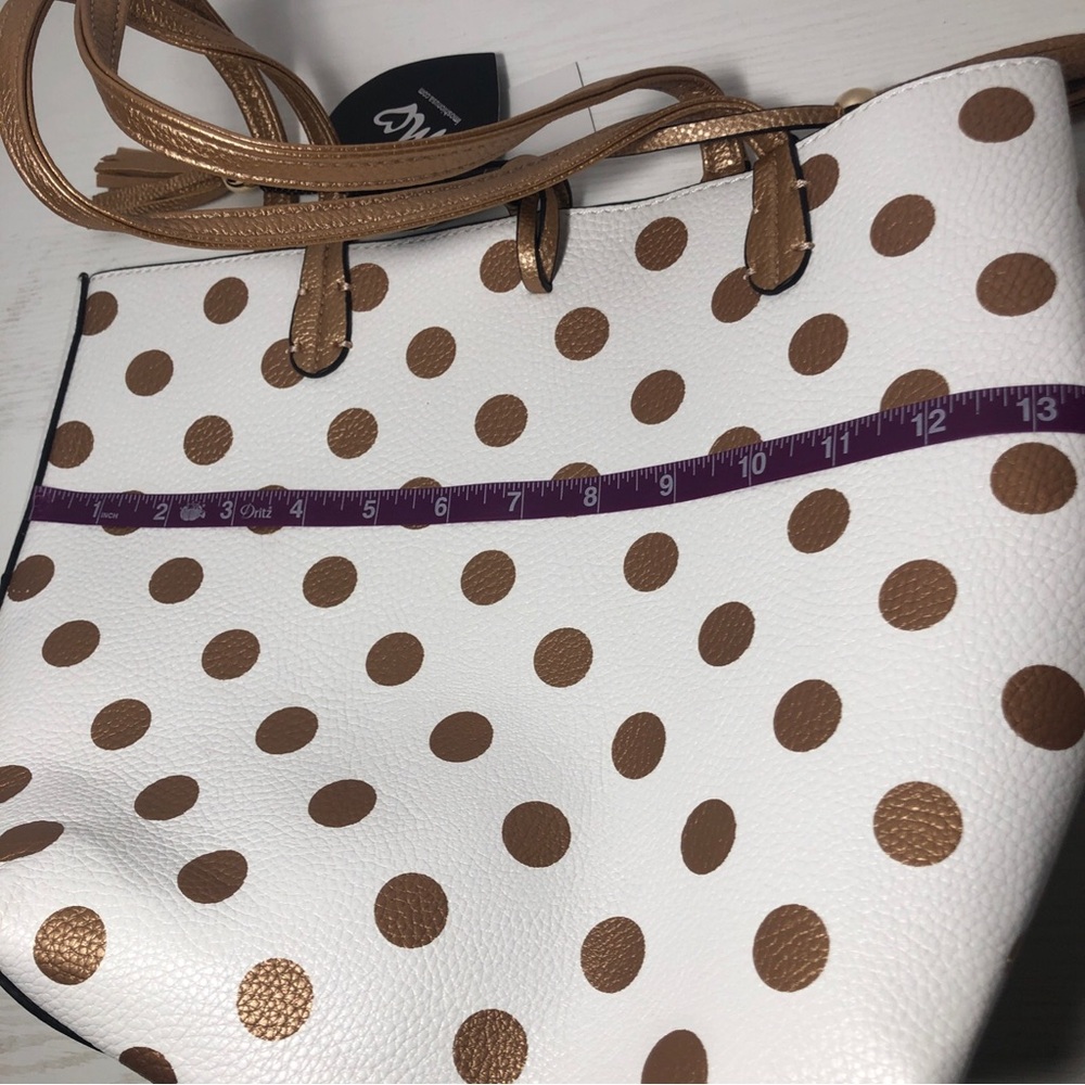 NWT Imoshion USA Vegan Leather Tote Bag Polka dot White /Gold Reversible - Picture 5 of 8